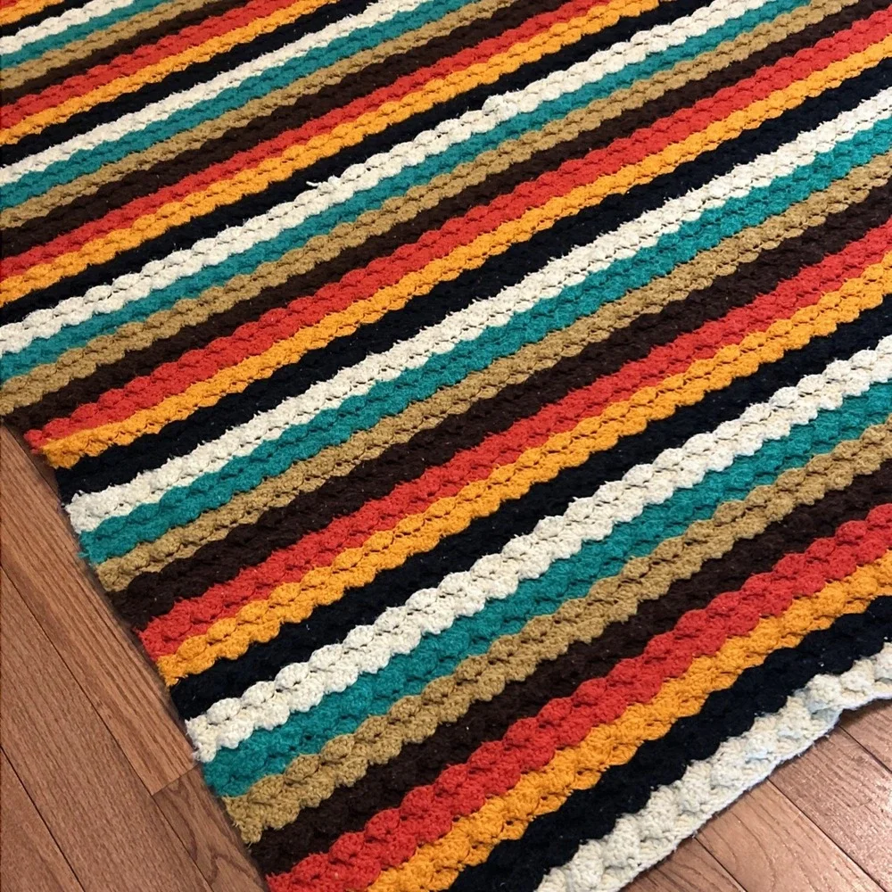 Vintage Hand Made‎ Crochet Afghan Colorful Striped Throw 70-80's Granny 82